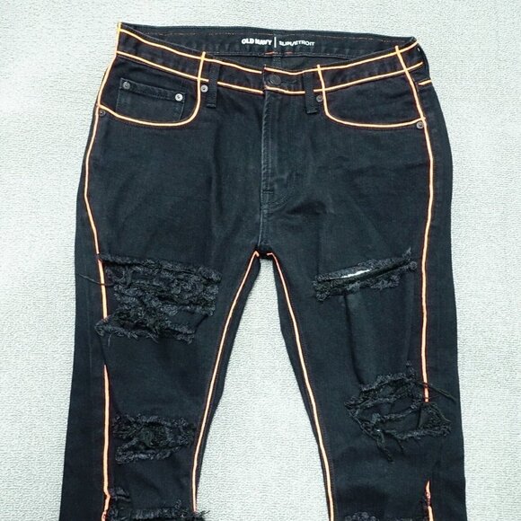 Old Navy Custom Slim Denim Jeans Men 30 X 32 Black Neon Orange Ripped - Picture 2 of 7